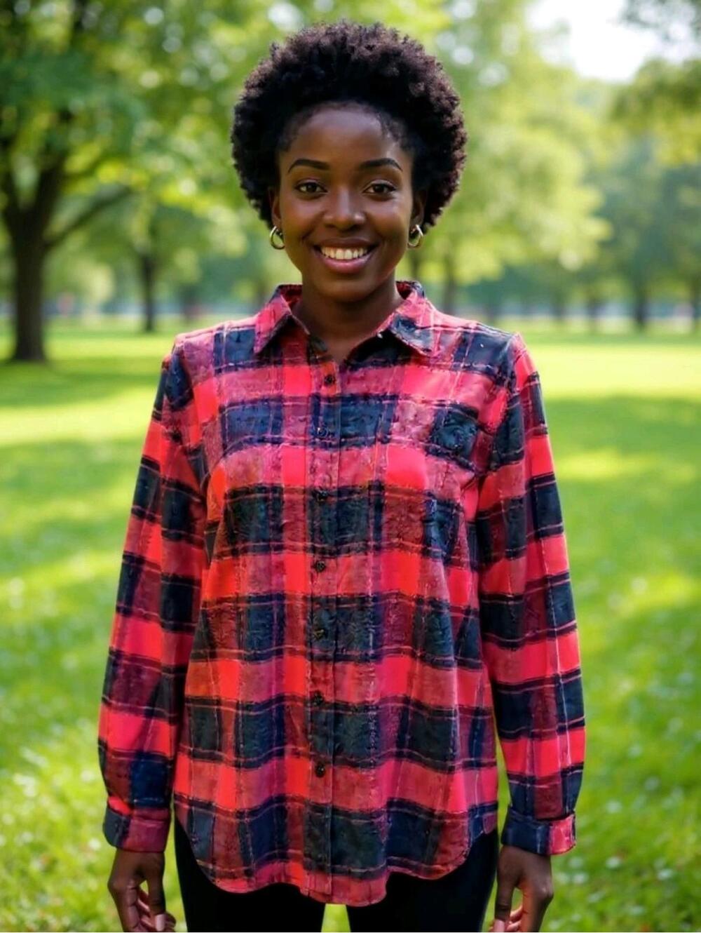 Flannel button Shirt Red Black Plaid Weatherprf Vintag Sz L Lumber